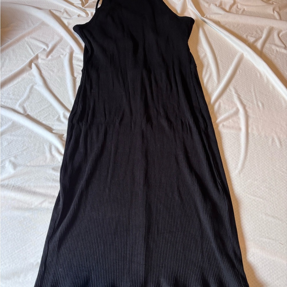 H&M Black Ribbed Midi Dress with open back detail